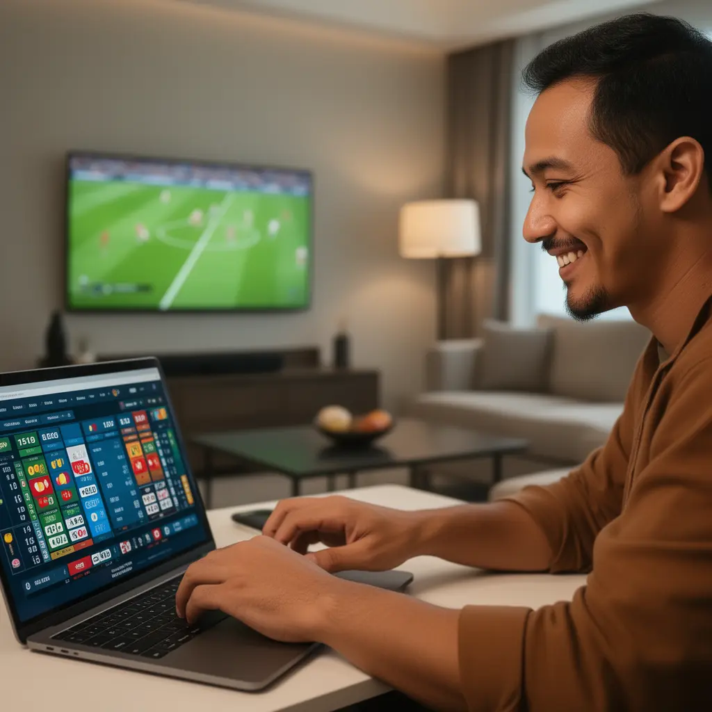 FUYOH88 – Enjoy smooth and exciting sports betting anytime in Malaysia Malaysian man smiling while placing online sports bets on a laptop with live football action on TV behind him using FUYOH88