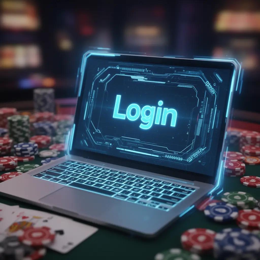 FUYOH88 Login – Secure and instant access to your gaming account in Malaysia Modern laptop with a glowing login interface and blurred casino chips in the background representing secure access to FUYOH88 for players in Malaysia